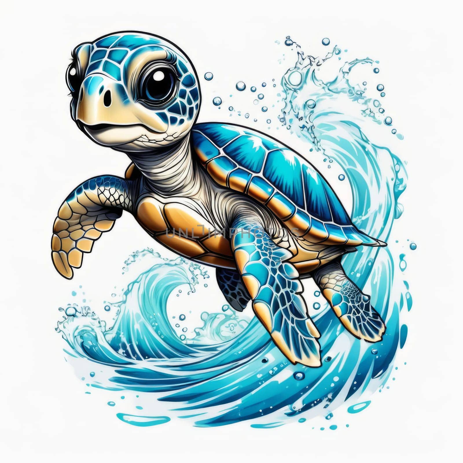 Majestic sea turtle gracefully gliding through crystal-clear waters of ocean. For educational materials for kids, game design, animated movies, tourism, stationery, Tshirt design, clothing design