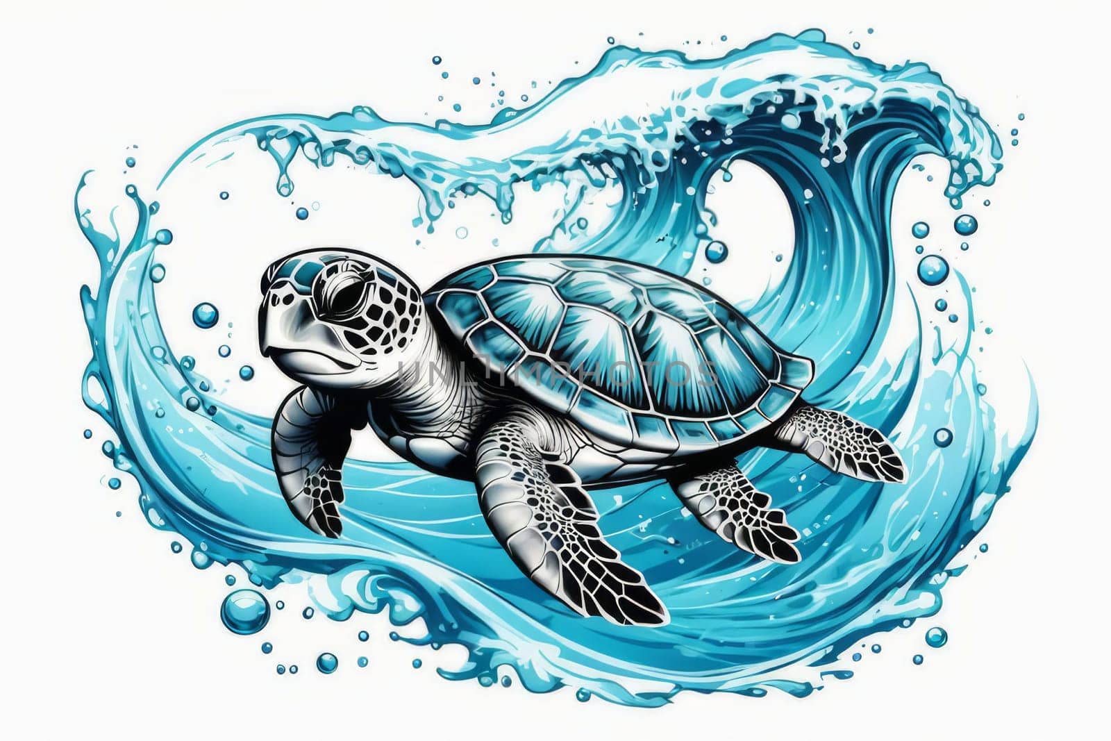 Vibrant sea turtle elegantly maneuvering its way through shimmering azure ocean depths, showcasing beauty, tranquility of marine life in its natural habitat.For fashion, clothing design, Tshirt design