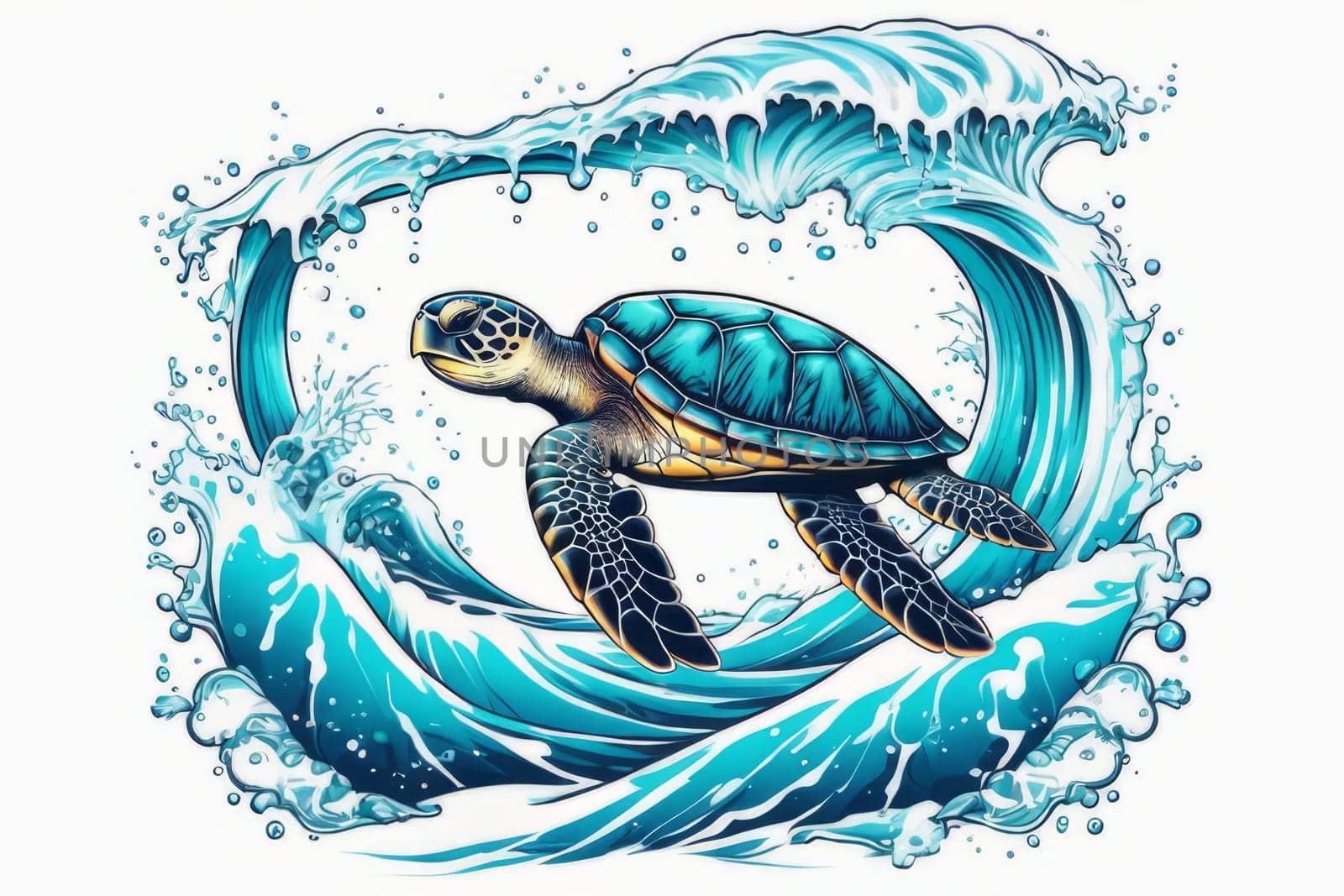 Turtle gracefully swimming in water surrounded by bubbles, showcasing its serene underwater world. For Tshirt design, posters, postcards, other merchandise with marine theme, childrens books