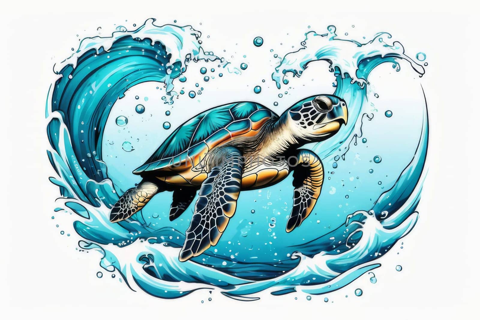 Majestic turtle glides effortlessly through clear blue waters, its shell glistening in sunlight. For educational materials for kids, game design, animated movies, tourism, stationery, Tshirt design. by Angelsmoon