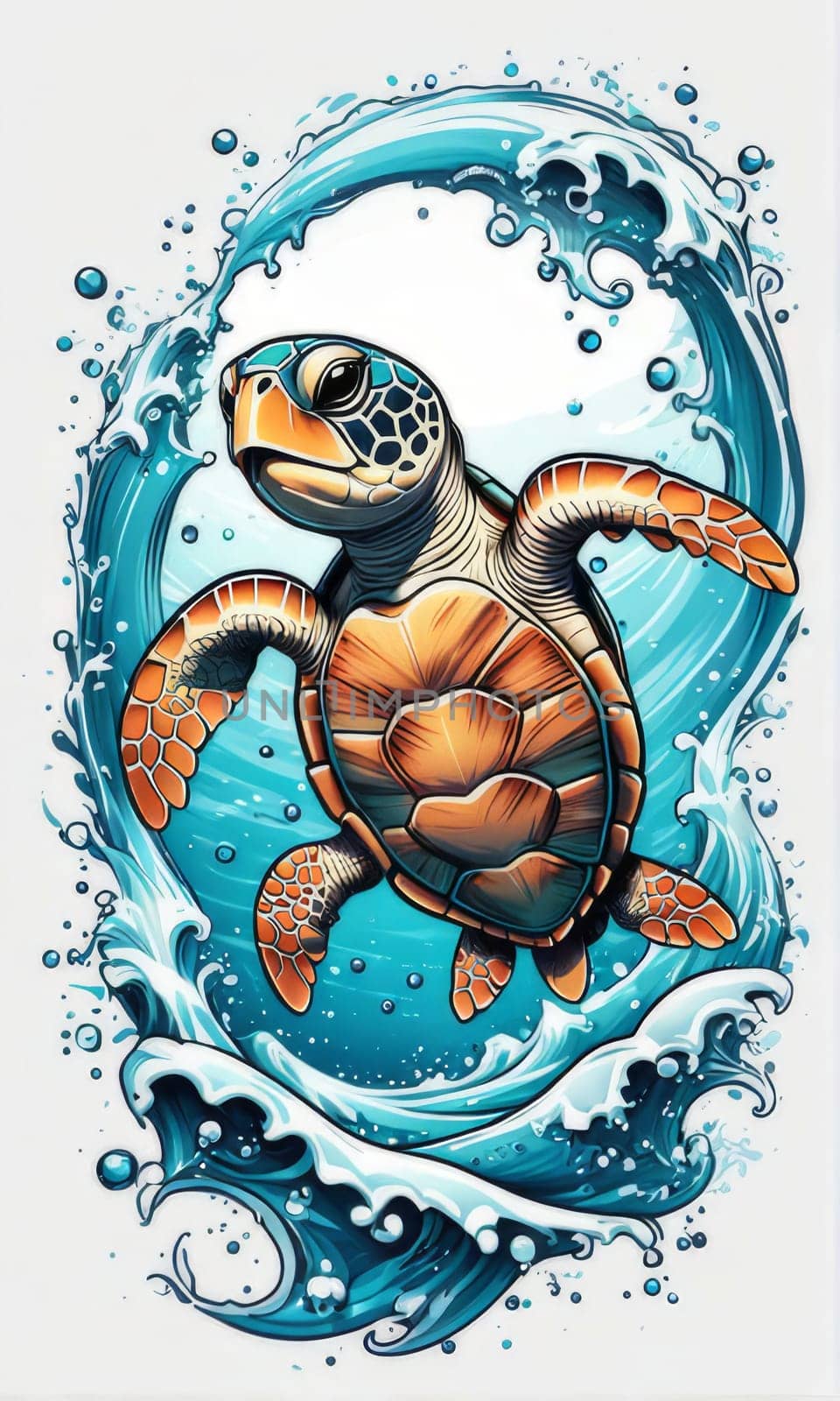 Majestic turtle is seen gliding effortlessly through water, its movements slow, graceful. For Tshirt design, posters, postcards, other merchandise with marine theme, childrens books