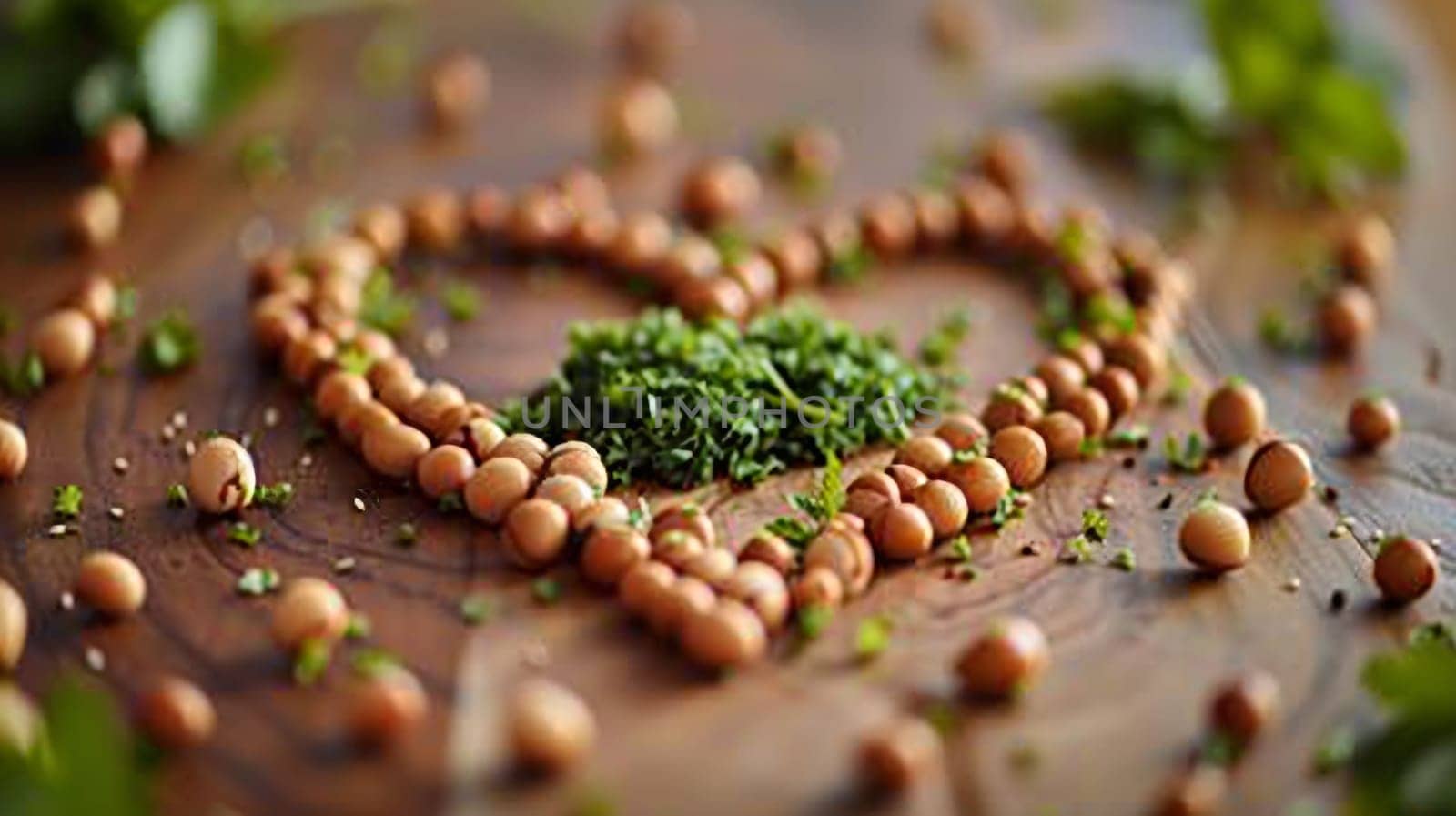 A heart shaped with nuts and herbs on a wooden table