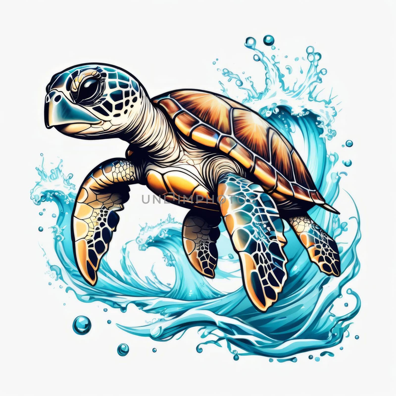 Vibrant sea turtle elegantly maneuvering its way through shimmering azure ocean depths, showcasing beauty, tranquility of marine life in its natural habitat.For fashion, clothing design, Tshirt design