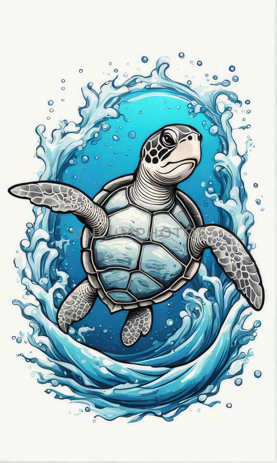 Majestic turtle glides effortlessly through clear blue waters, its shell glistening in sunlight. For educational materials for kids, game design, animated movies, tourism, stationery, Tshirt design