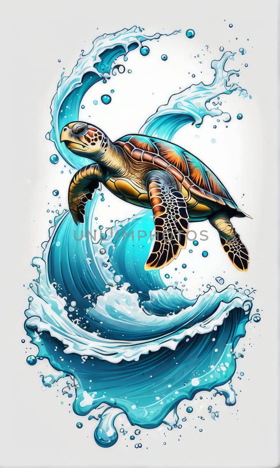 Majestic turtle is seen gliding effortlessly through water, its movements slow, graceful. For Tshirt design, posters, postcards, other merchandise with marine theme, childrens books