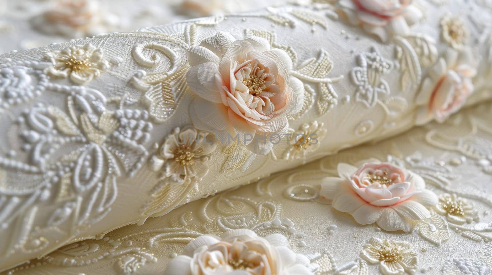 A close up of a white fabric with flowers on it