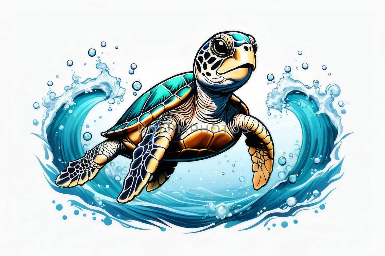 Image of sea turtle on white background. For educational materials for kids, game design, animated movies, tourism, stationery, Tshirt design, posters, postcards, childrens books