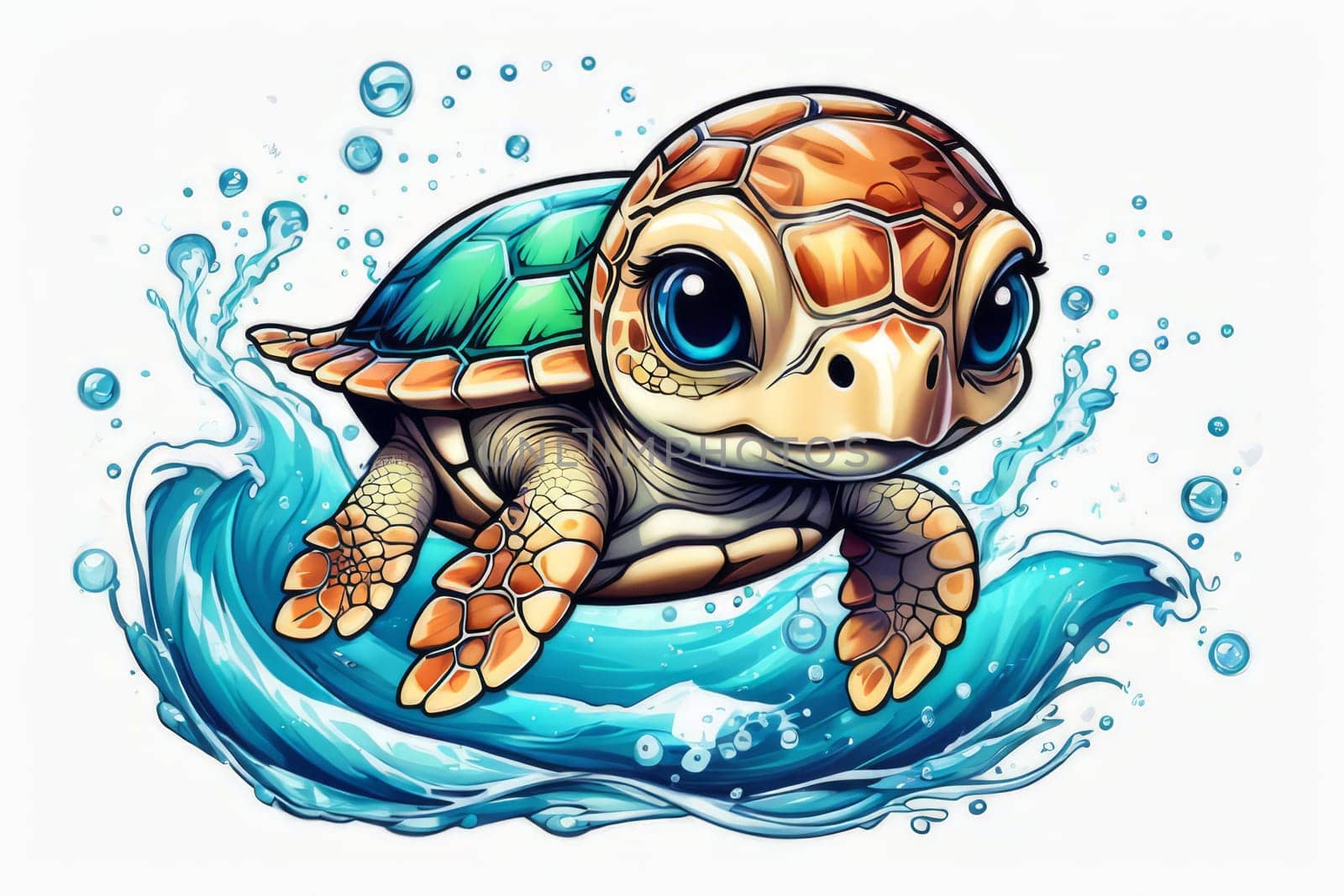 Turtle riding wave on white background. For Tshirt design, posters, postcards, other merchandise with marine theme, childrens books, educational materials for kids, tourism, stationery