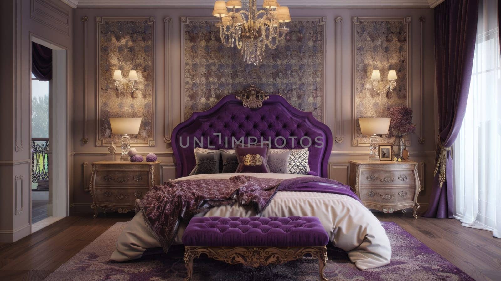 A purple bed with a headboard and foot board in the middle of a room