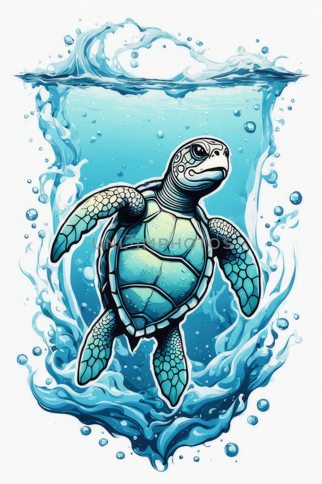 Turtle glides through its aquatic environment, showcasing beauty, tranquility of underwater world. For Tshirt design, posters, postcards, other merchandise with marine theme, childrens books, tourism