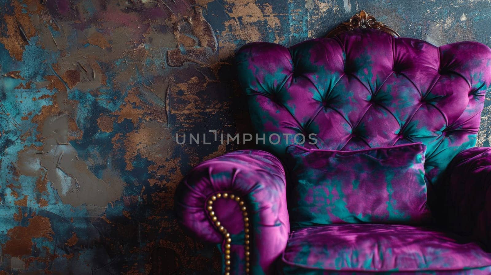 A purple chair with a blue pillow sitting in front of an old wall