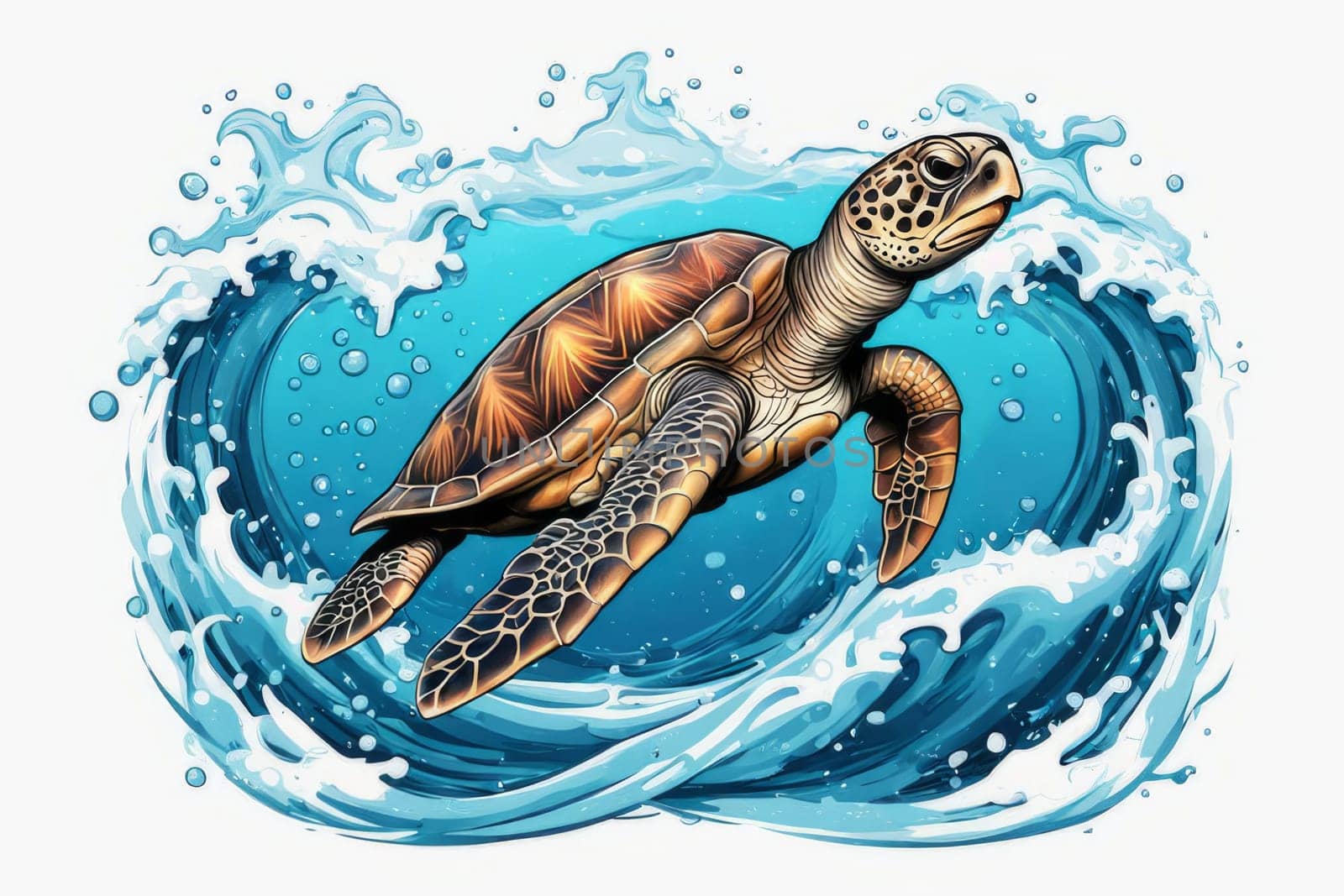 Majestic turtle glides effortlessly through clear blue waters, its shell glistening in sunlight. For educational materials for kids, game design, animated movies, tourism, stationery, Tshirt design