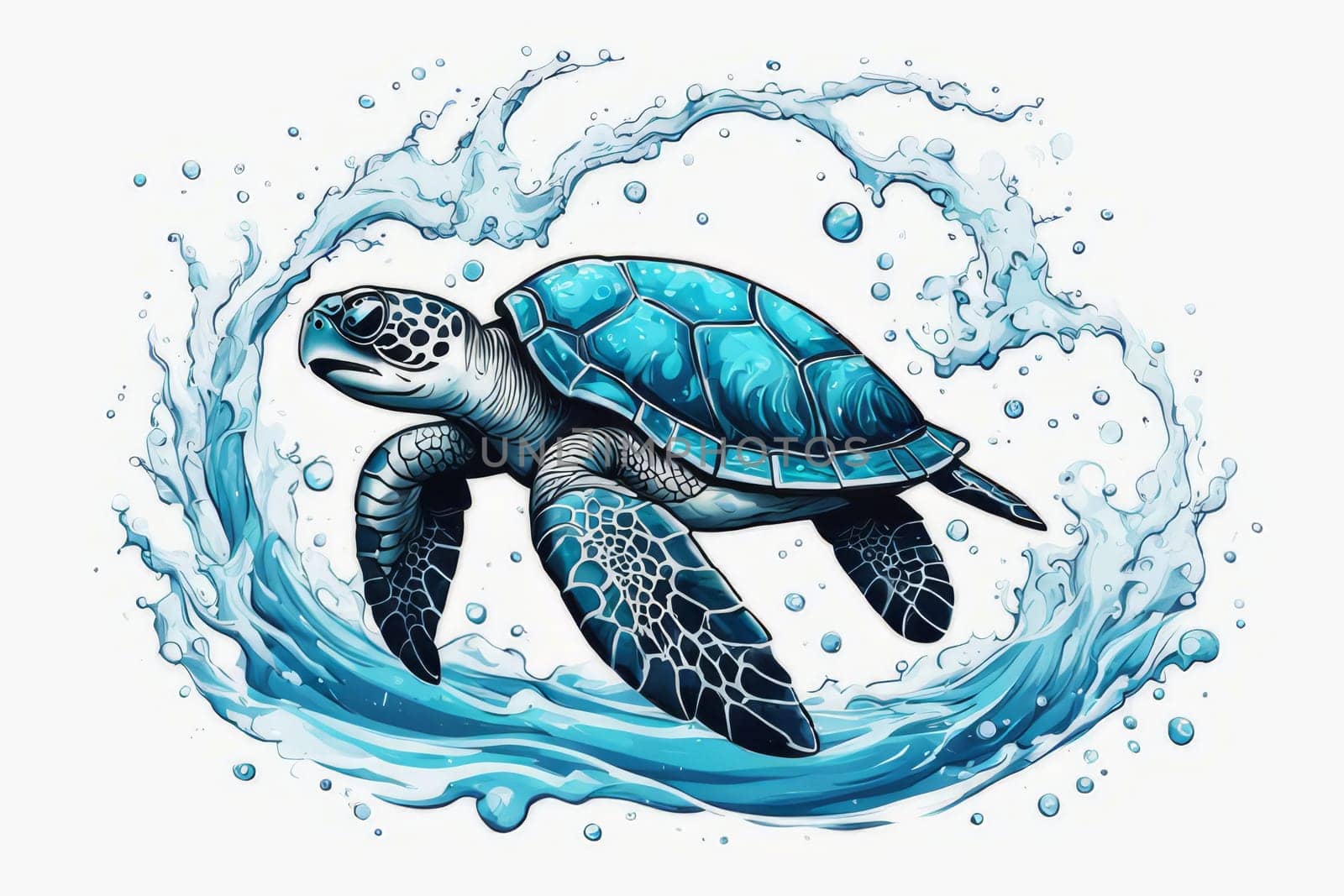 Serene turtle gracefully swimming through water amidst trail of bubbles. For fashion, clothing design, animal themed clothing advertising, as illustration for interesting clothing style, Tshirt design