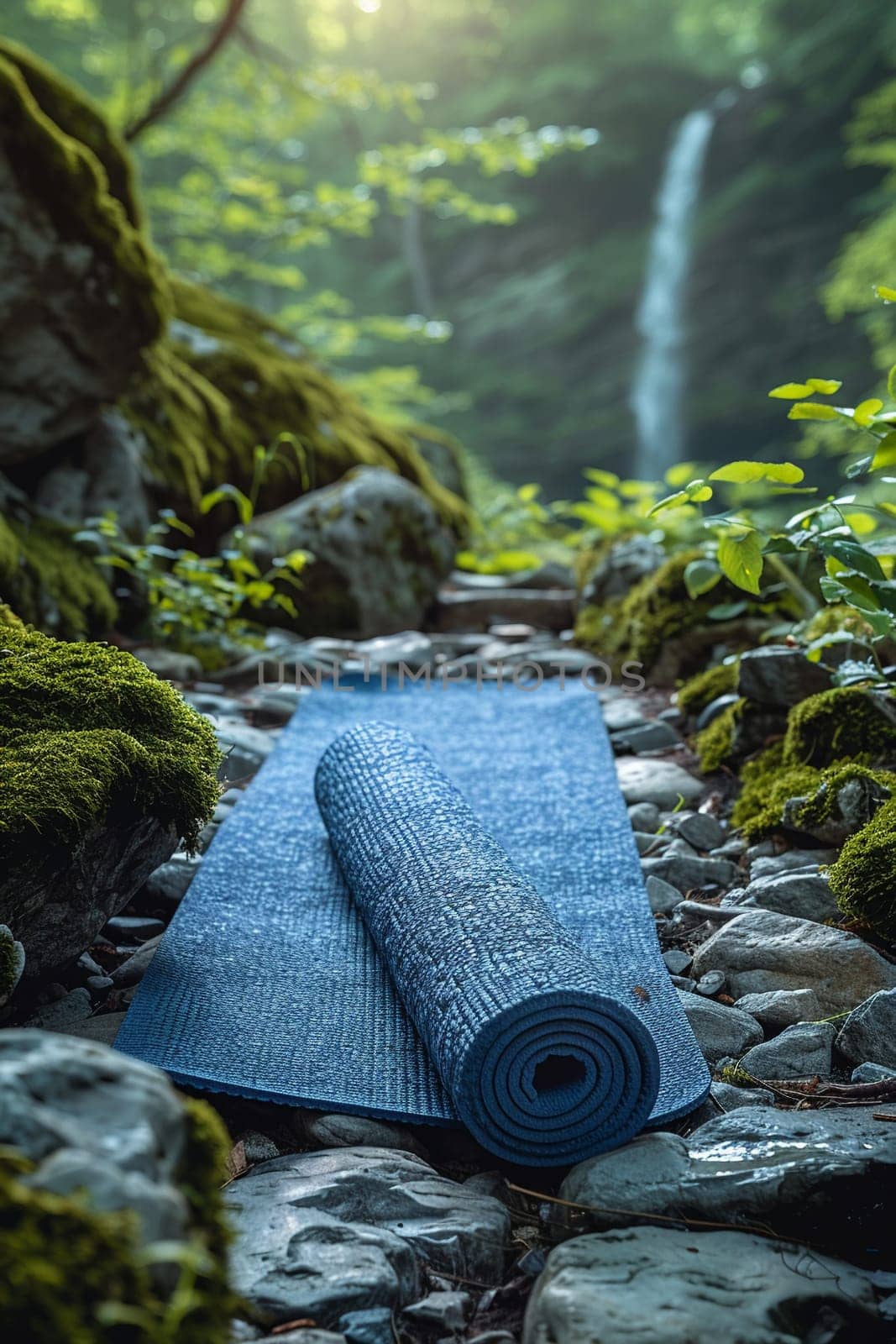 Yoga mat in a peaceful setting, ready for a meditative session.