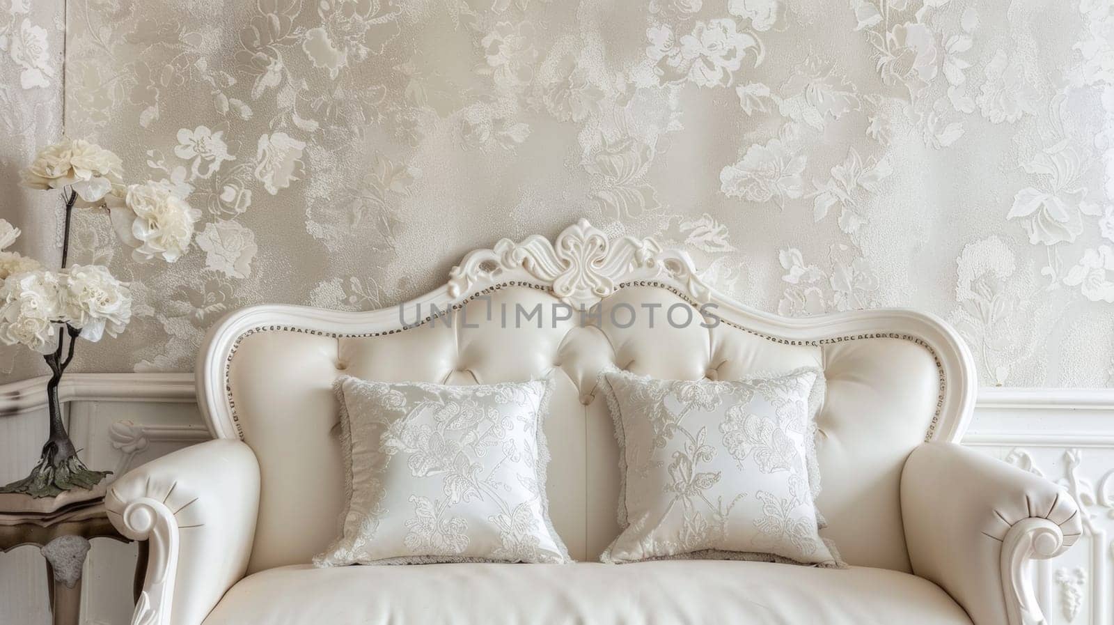 A white couch with two pillows in front of a wallpapered room