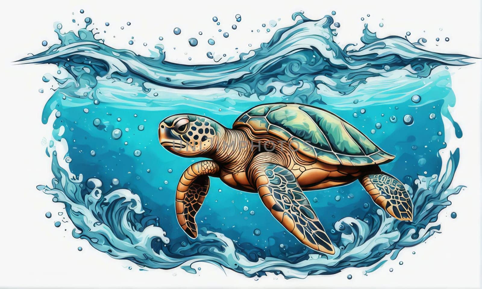 Exquisite image showcasing serene turtle gliding through crystal-clear blue waters of ocean. For fashion, clothing design, animal themed clothing advertising, Tshirt design. by Angelsmoon