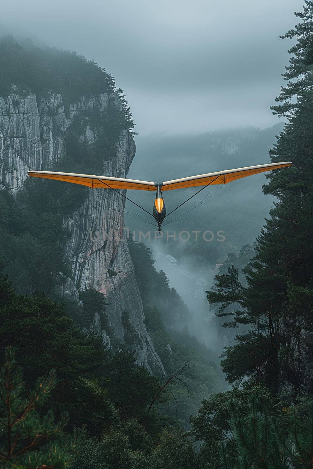 Hang glider soaring above the mountains, representing freedom and the thrill of flight.