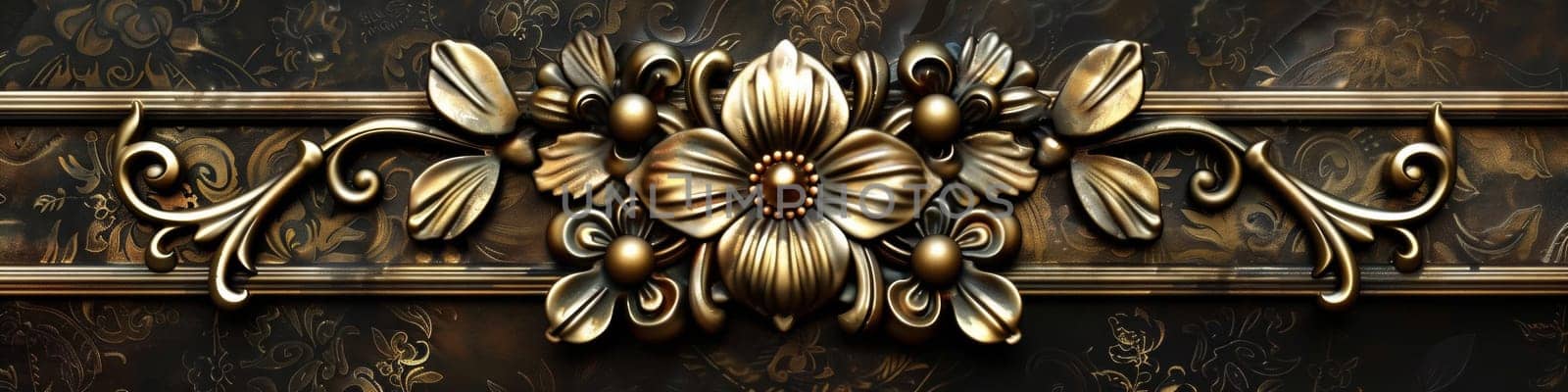 A decorative metal design on a wall with gold flowers