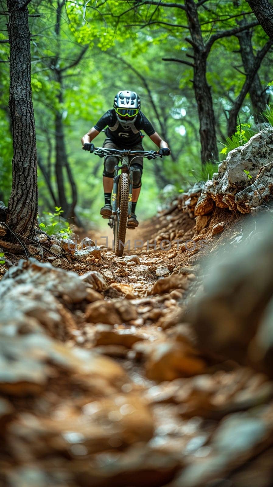 Mountain biker navigating a rugged trail, evoking thrill and nature's challenge.