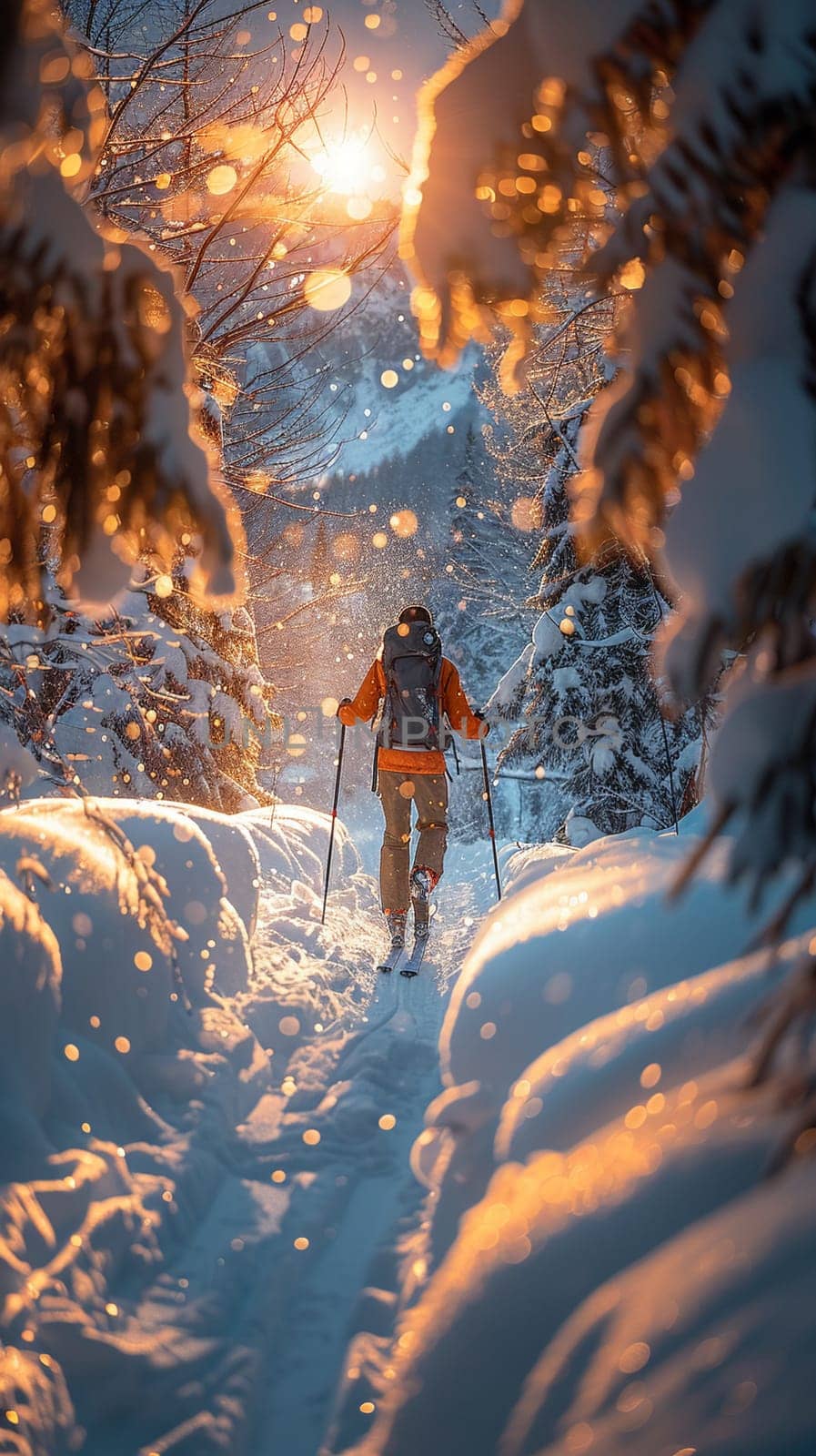 Cross-country skiing through a winter wonderland, embodying endurance and beauty.