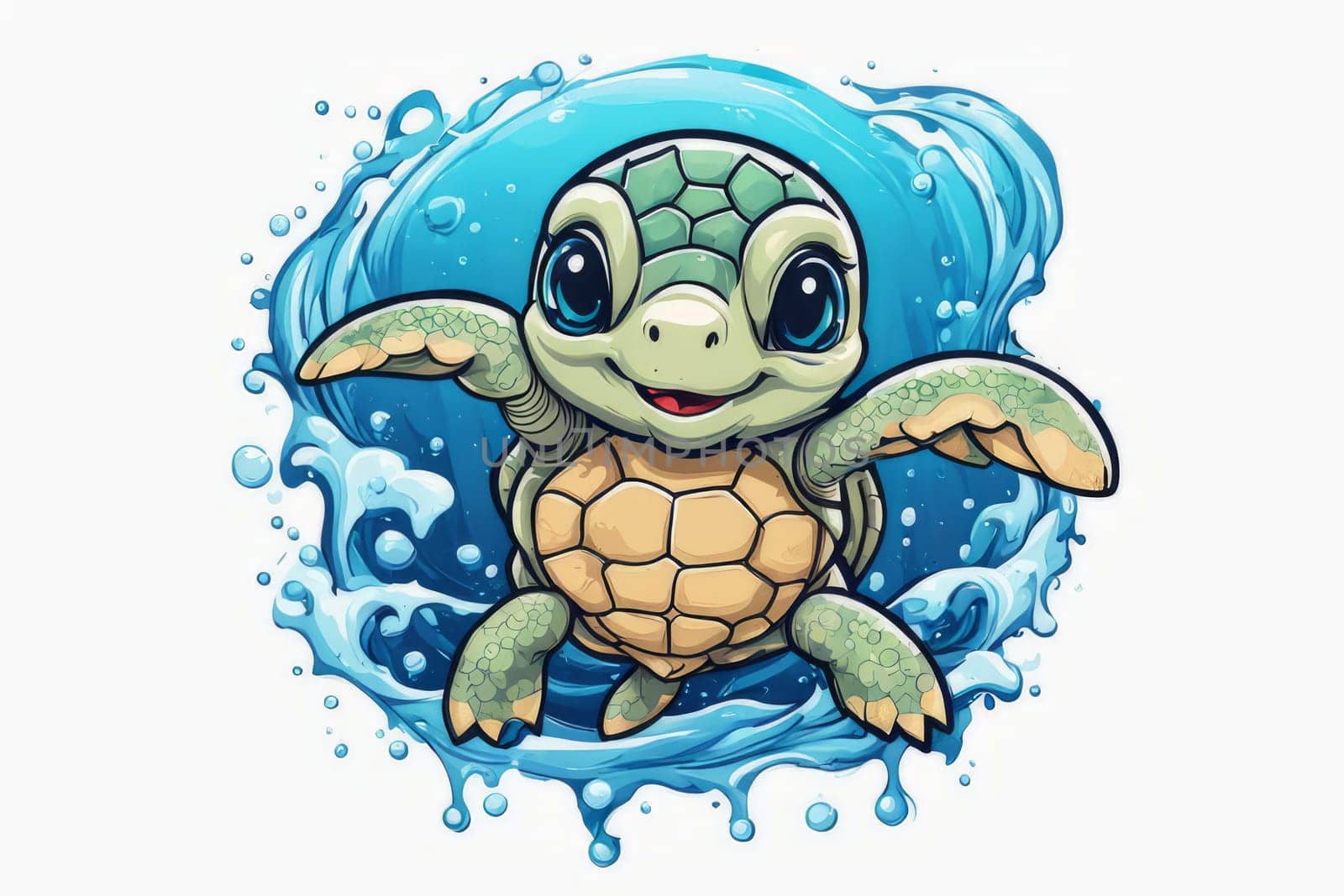 Turtle glides through its aquatic environment, showcasing beauty, tranquility of underwater world. For Tshirt design, posters, postcards, other merchandise with marine theme, childrens books, tourism