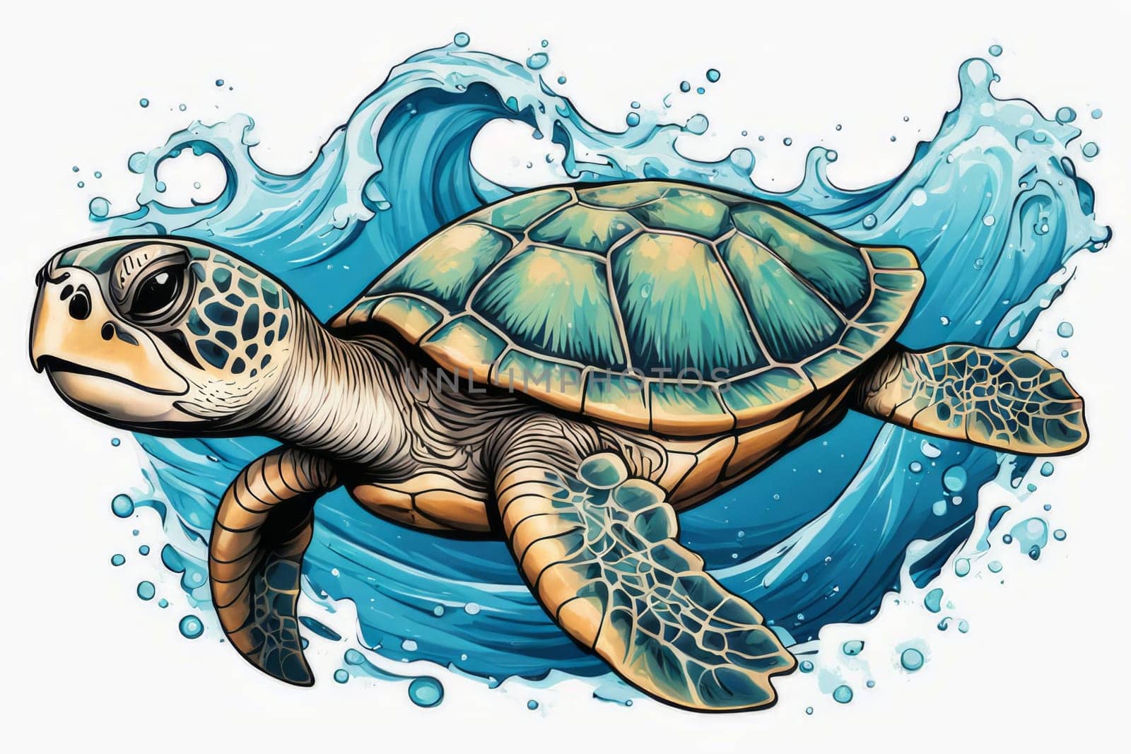 Majestic sea turtle gracefully gliding through crystal-clear waters of ocean. For educational materials for kids, game design, animated movies, tourism, stationery, Tshirt design, clothing design