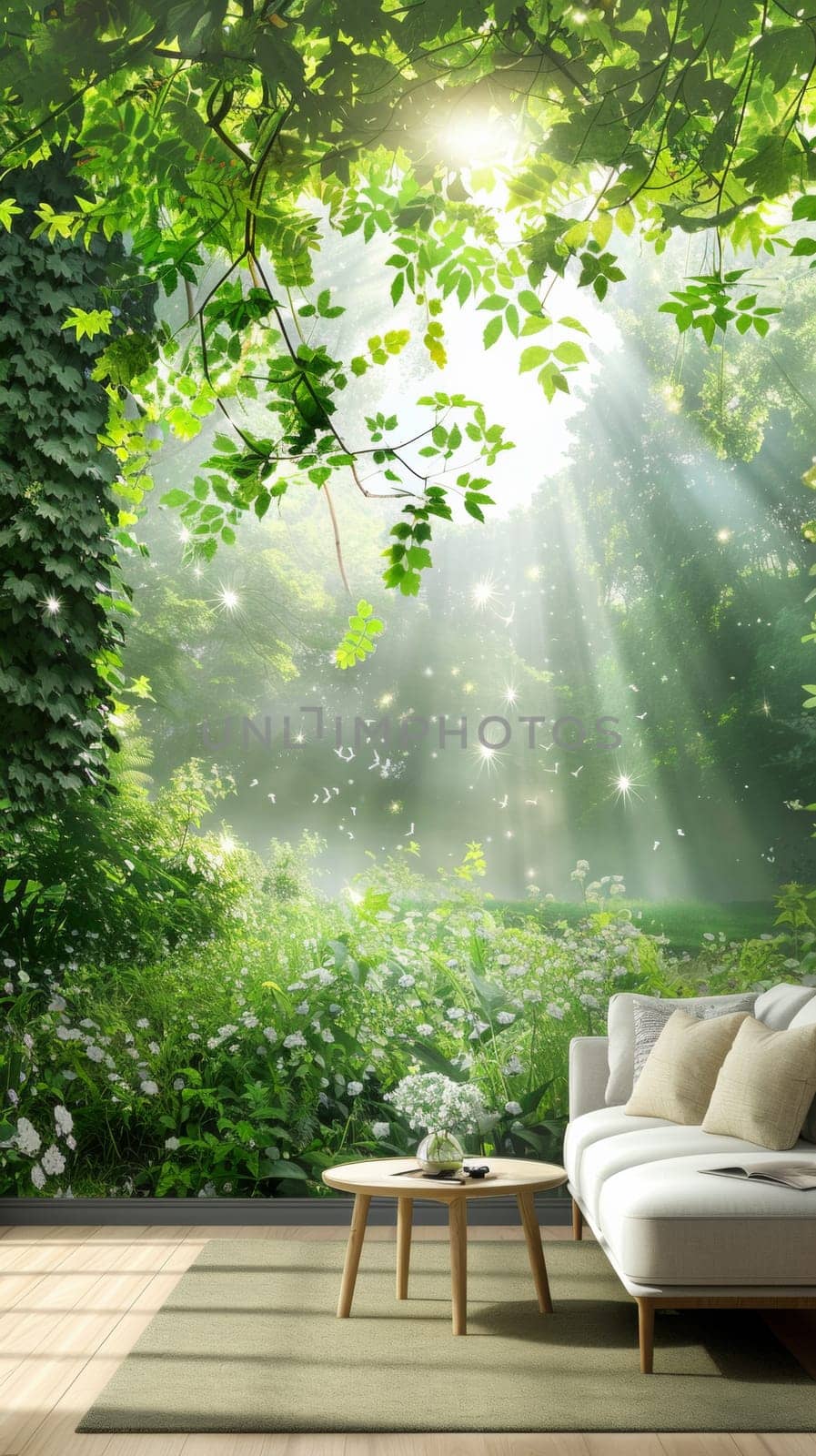 A couch sitting in front of a wall with trees and sun