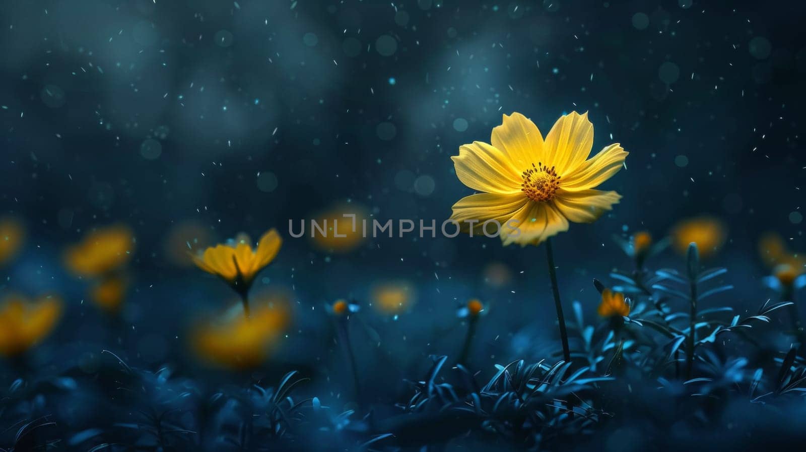 A yellow flower in the middle of a field with rain falling