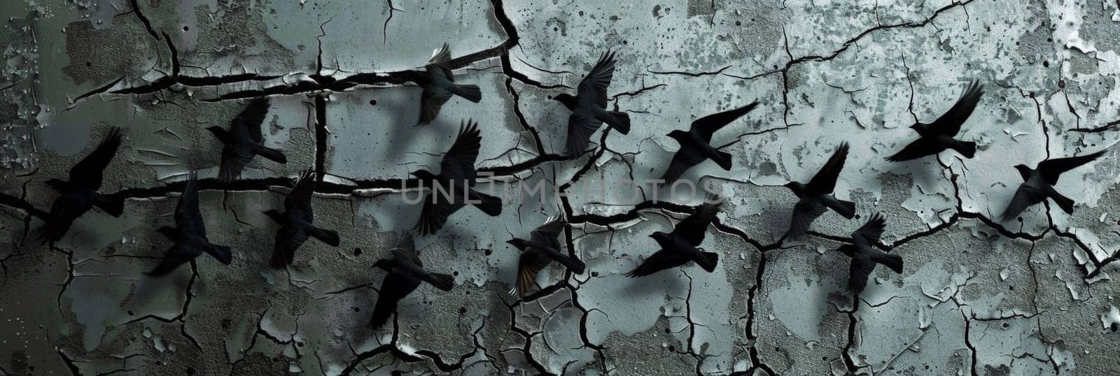 A group of birds flying around a cracked wall with black paint