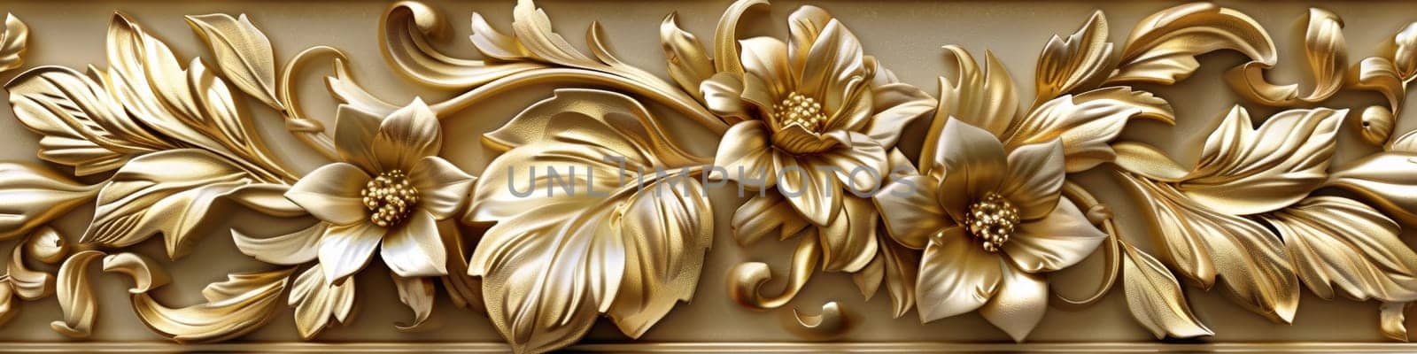 A close up of a decorative wall with gold flowers