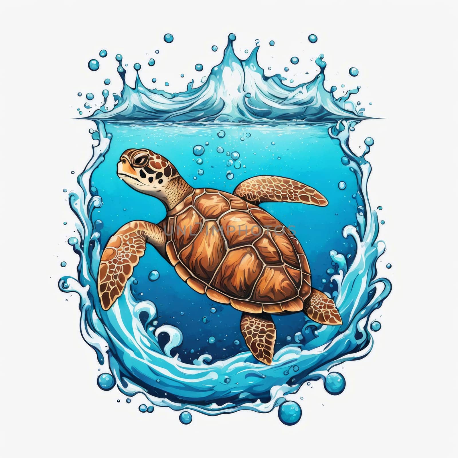 Majestic turtle is seen gliding effortlessly through water, its movements slow, graceful. For Tshirt design, posters, postcards, other merchandise with marine theme, childrens books. by Angelsmoon