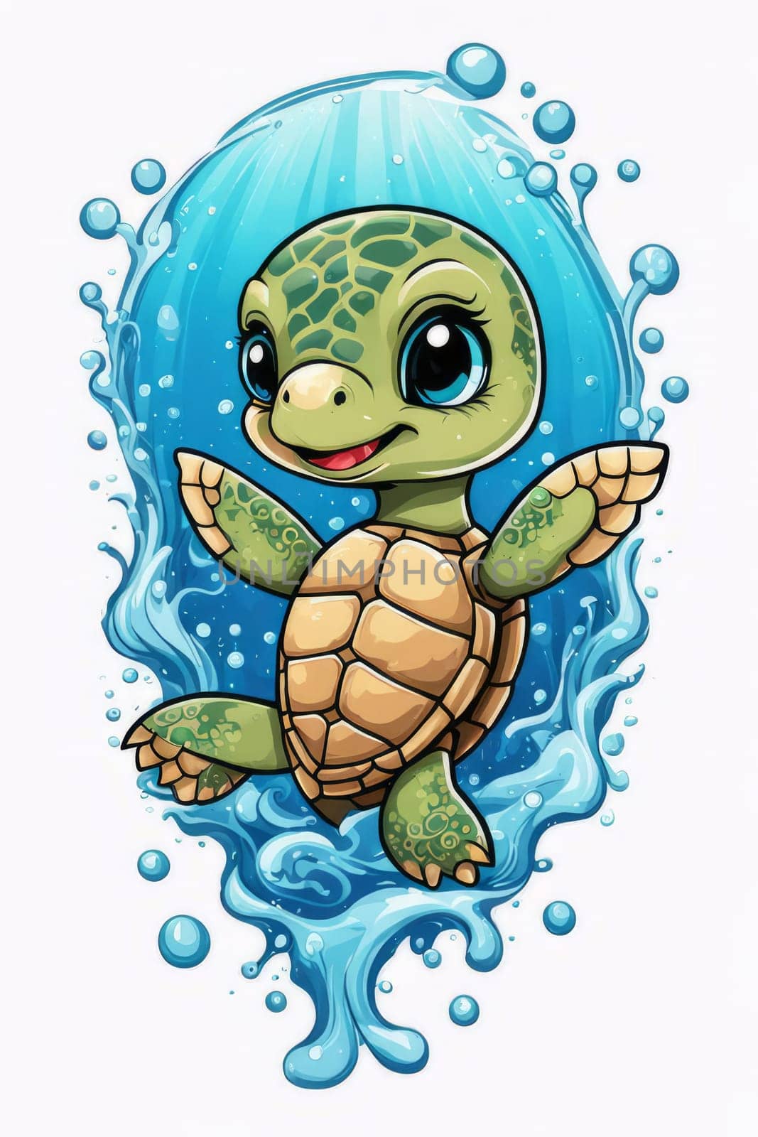 Turtle riding wave on white background. For Tshirt design, posters, postcards, other merchandise with marine theme, childrens books, educational materials for kids, tourism, stationery