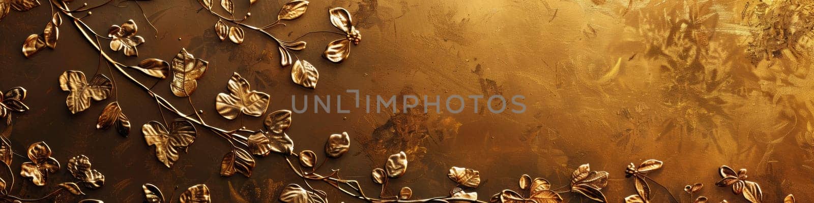 A close up of a gold leafed wall with leaves on it, AI by starush
