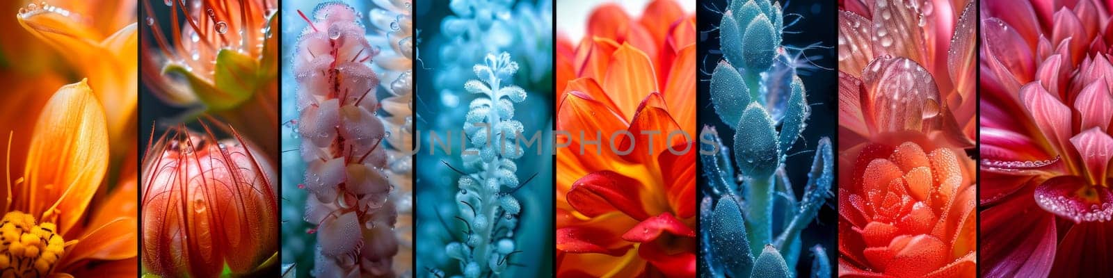 A series of close up images of different colored flowers