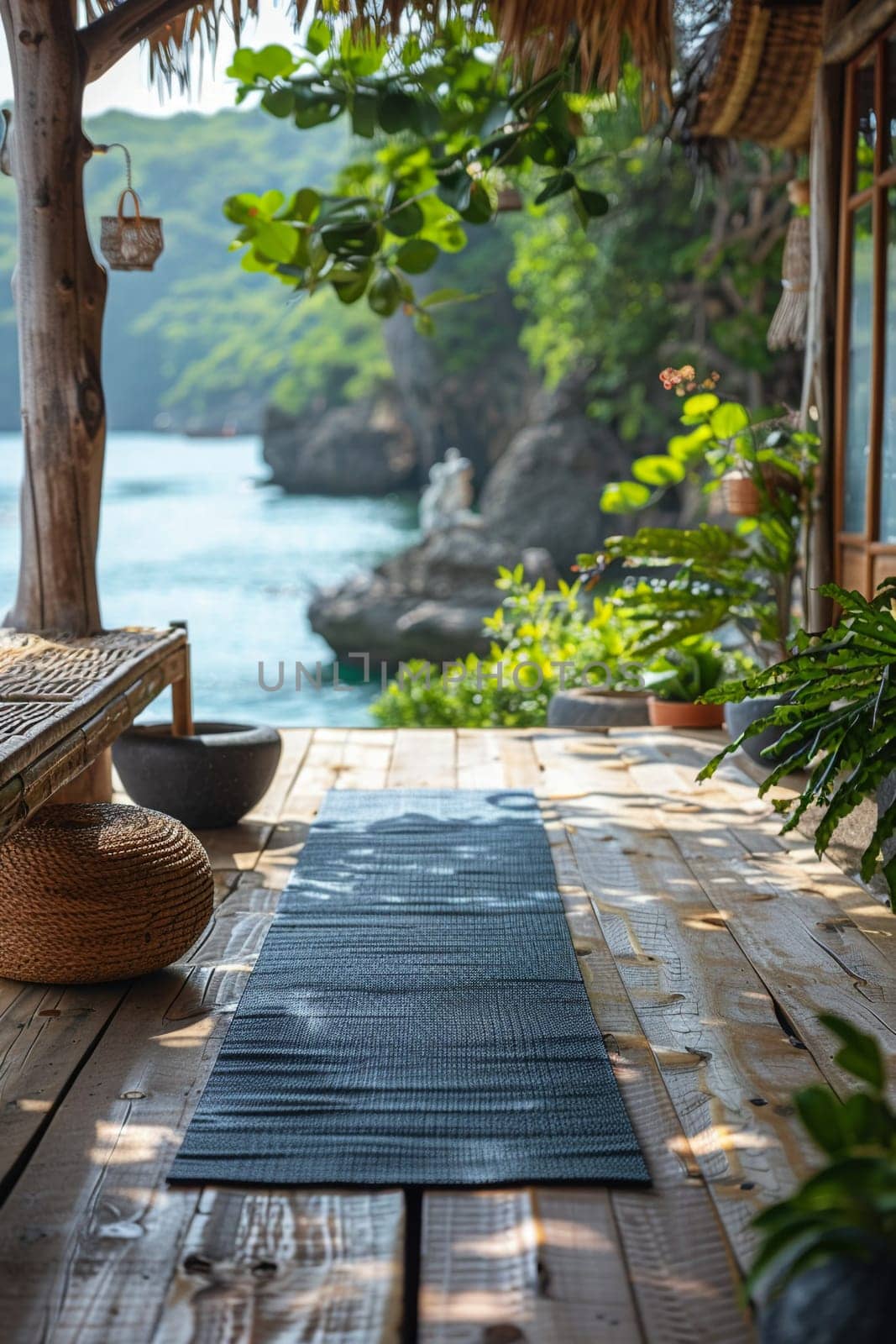 Yoga mat in a peaceful setting, ready for a meditative session.