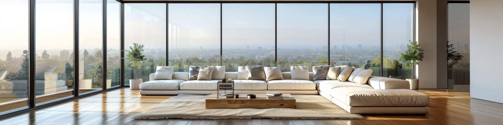 A living room with a large window overlooking the city