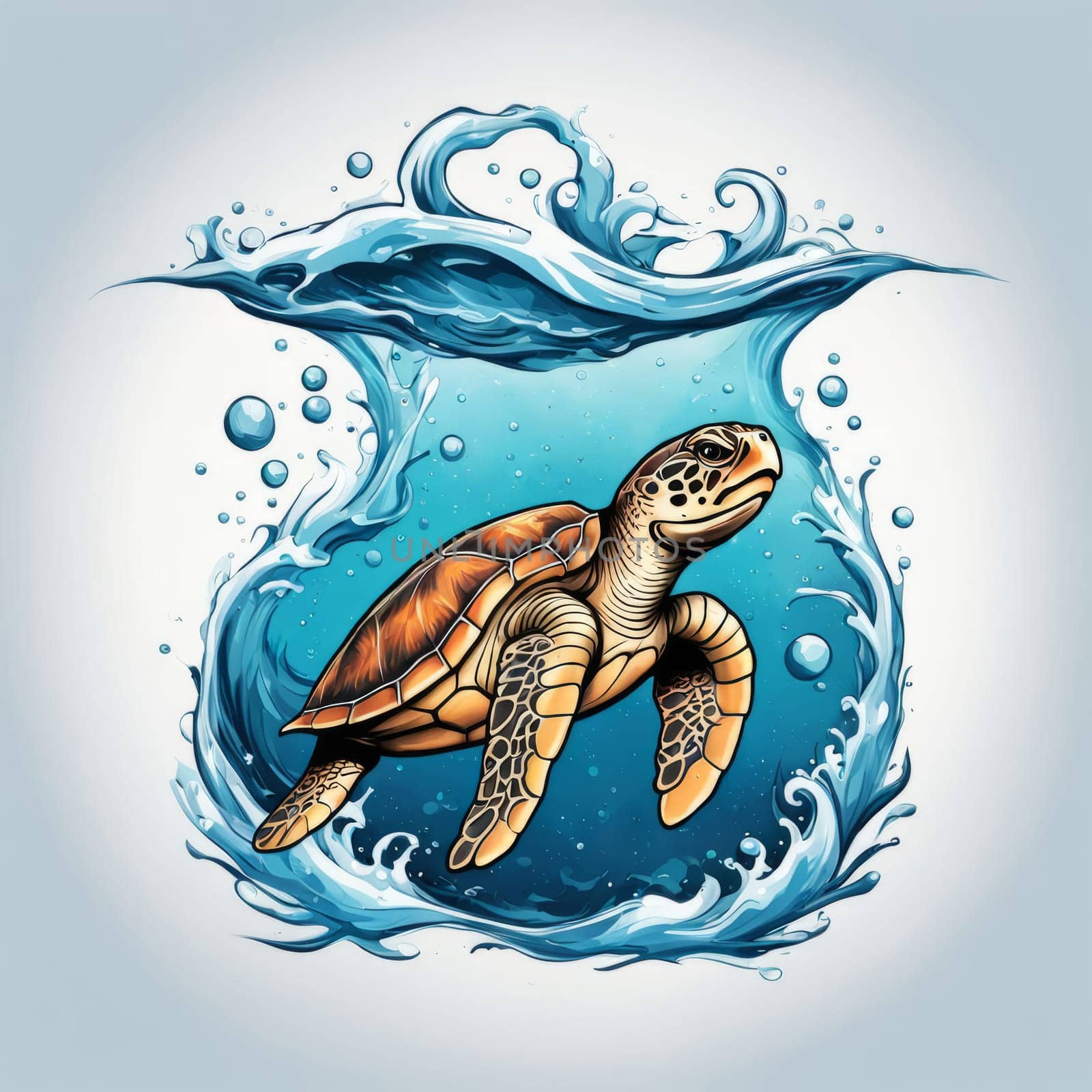 Turtle moves gracefully through water, its movements fluid, effortless. For fashion, clothing design, animal themed clothing advertising, as illustration for interesting clothing style, Tshirt design. by Angelsmoon