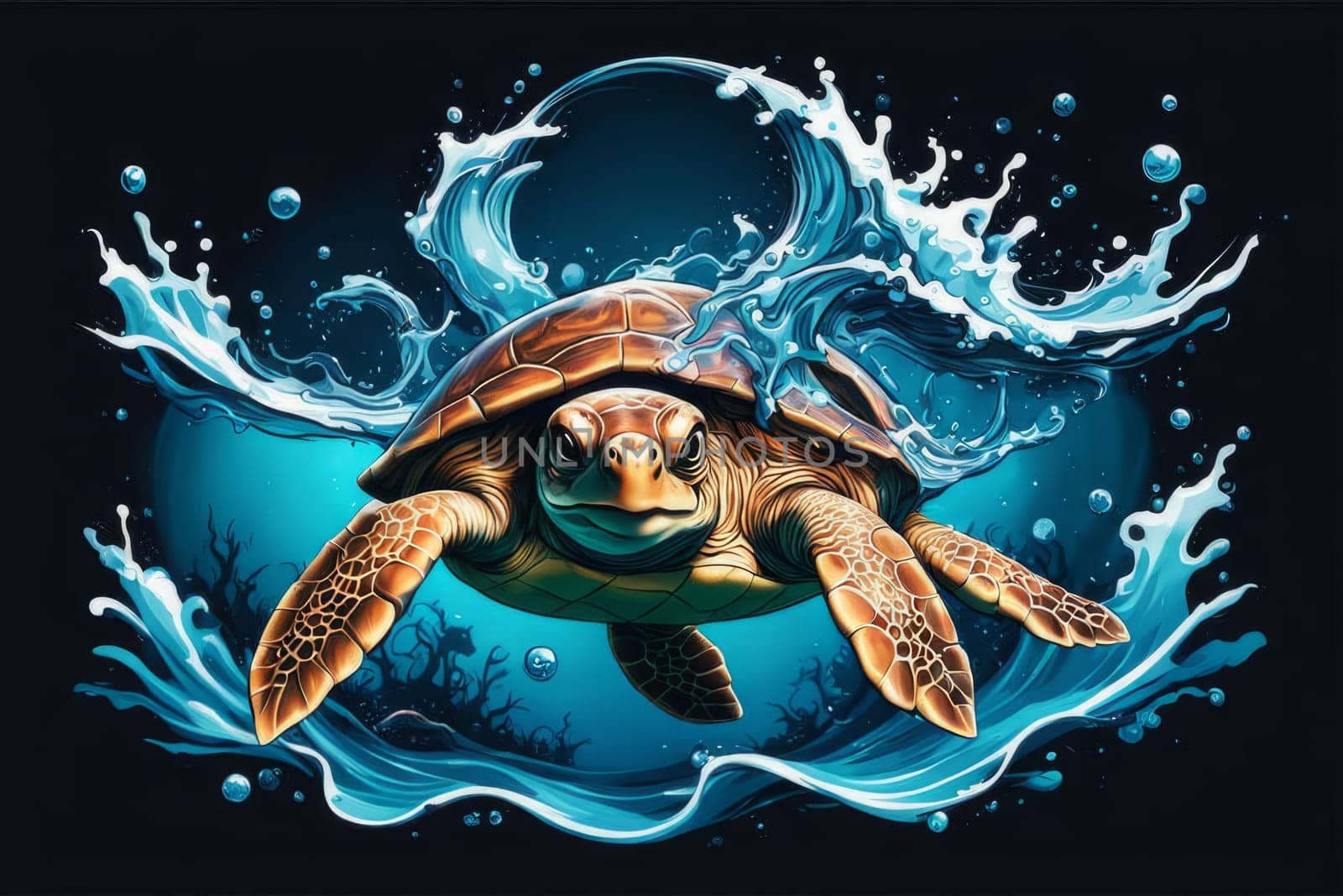 Majestic turtle glides effortlessly through clear blue waters, its shell glistening in sunlight. For educational materials for kids, game design, animated movies, tourism, stationery, Tshirt design