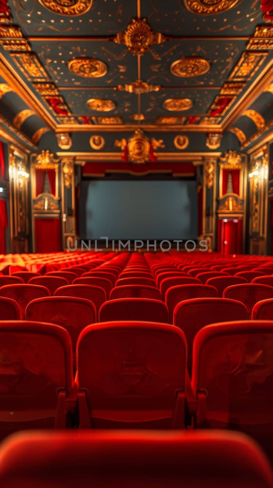 A view of a theater with red seats and gold decorations