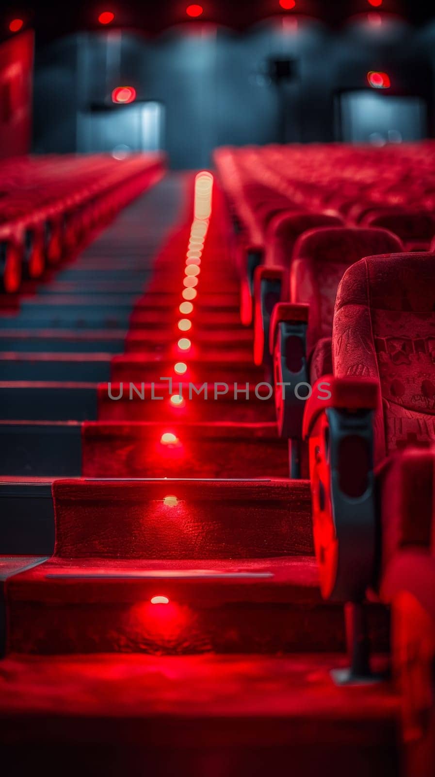 A row of red lights on a wall next to some seats