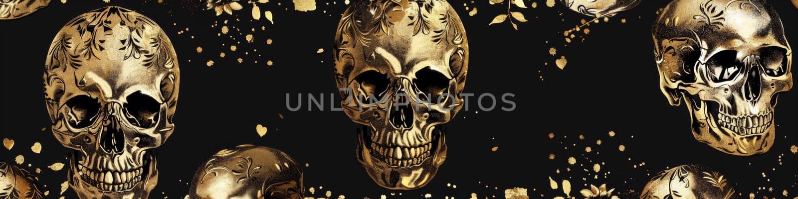 A pattern of skulls in gold on a black background
