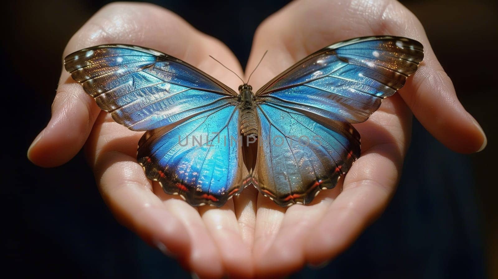 A person holding a blue butterfly in their hands