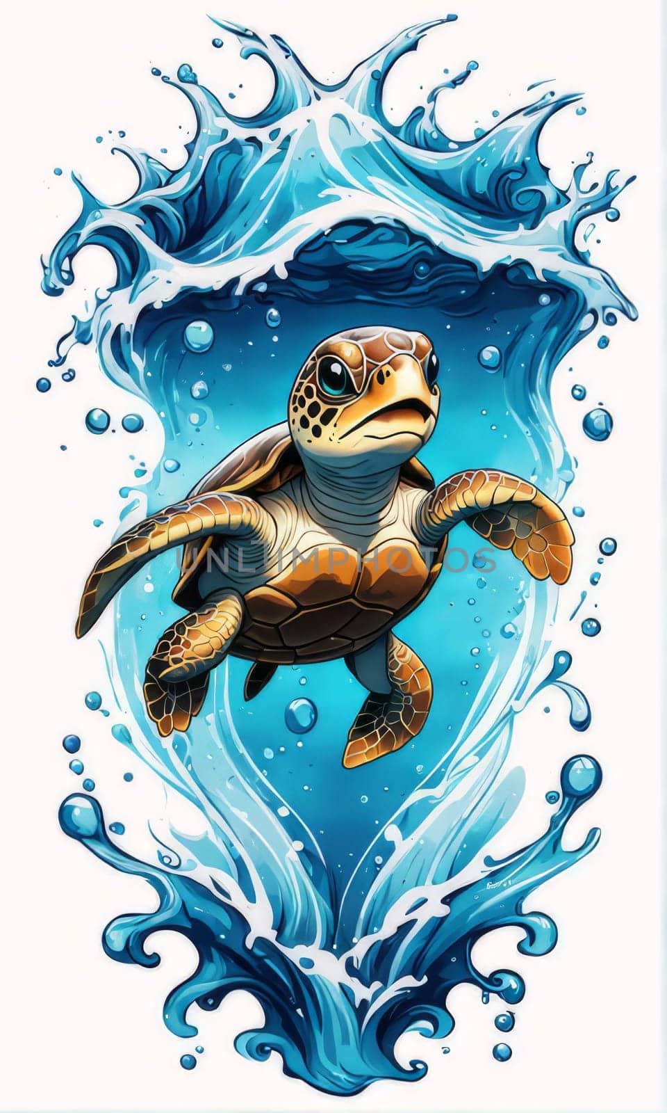 Turtle gracefully swimming in water surrounded by bubbles, showcasing its serene underwater world. For Tshirt design, posters, postcards, other merchandise with marine theme, childrens books