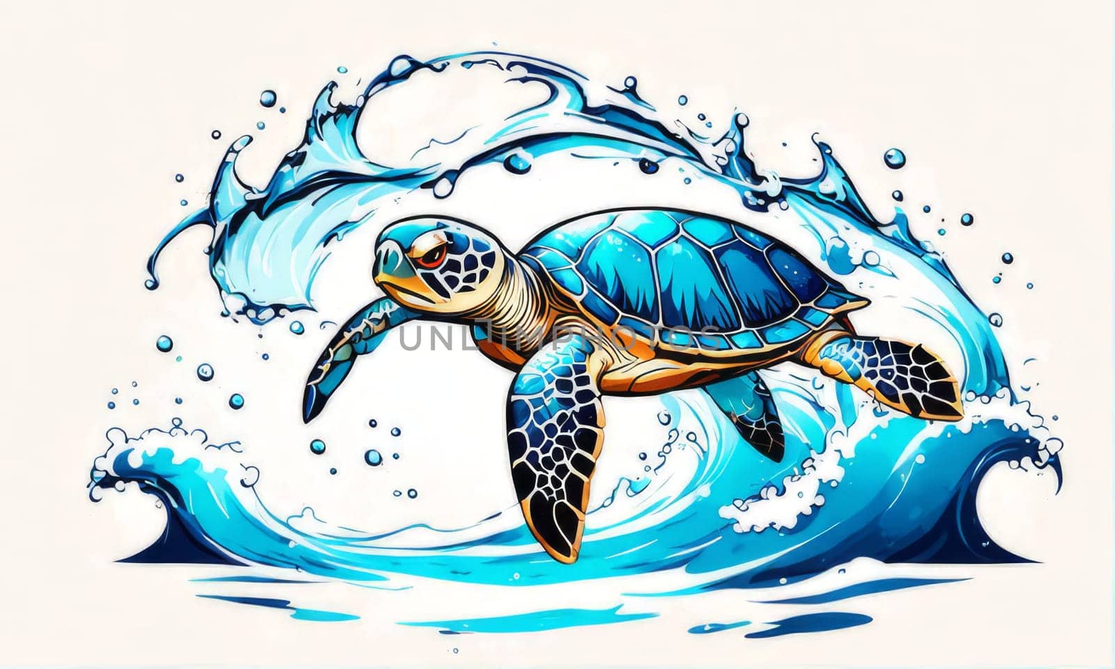 Serene turtle gracefully swimming through water amidst trail of bubbles. For fashion, clothing design, animal themed clothing advertising, as illustration for interesting clothing style, Tshirt design