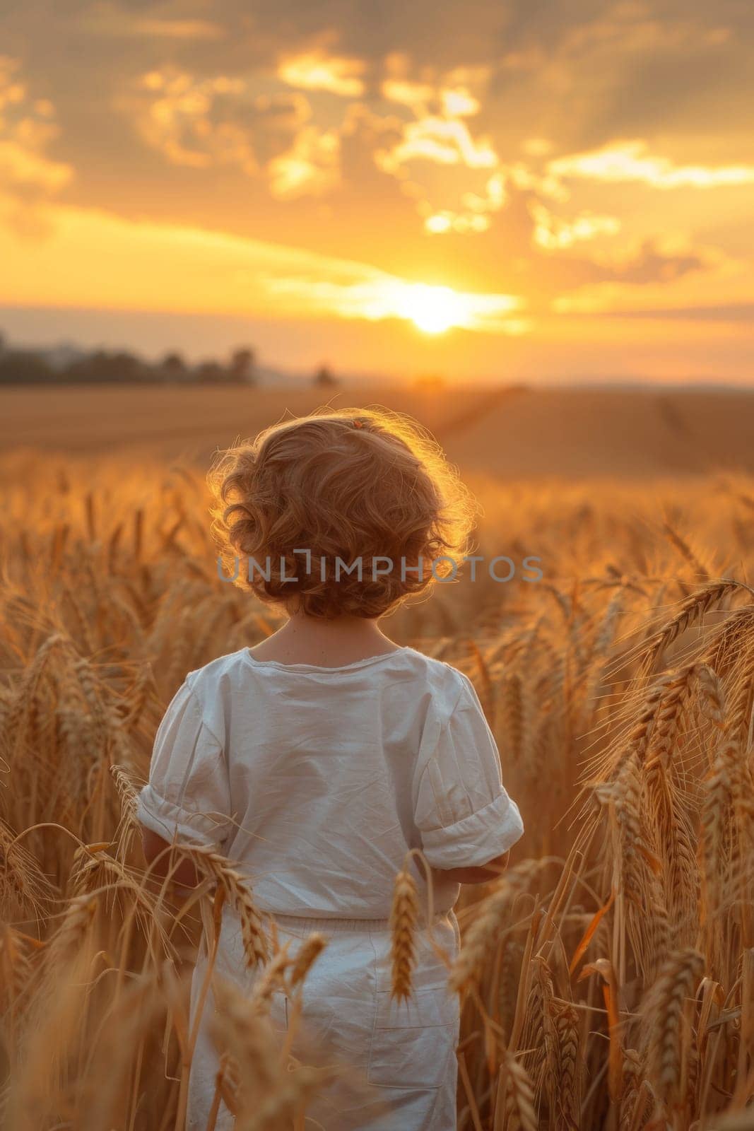 A little girl in a field of wheat at sunset
