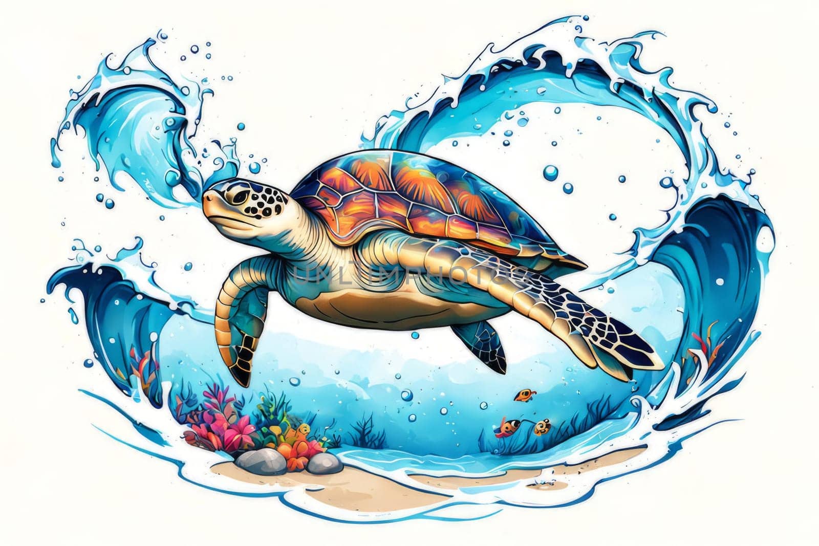 Turtle riding wave on white background. For Tshirt design, posters, postcards, other merchandise with marine theme, childrens books, educational materials for kids, tourism, stationery