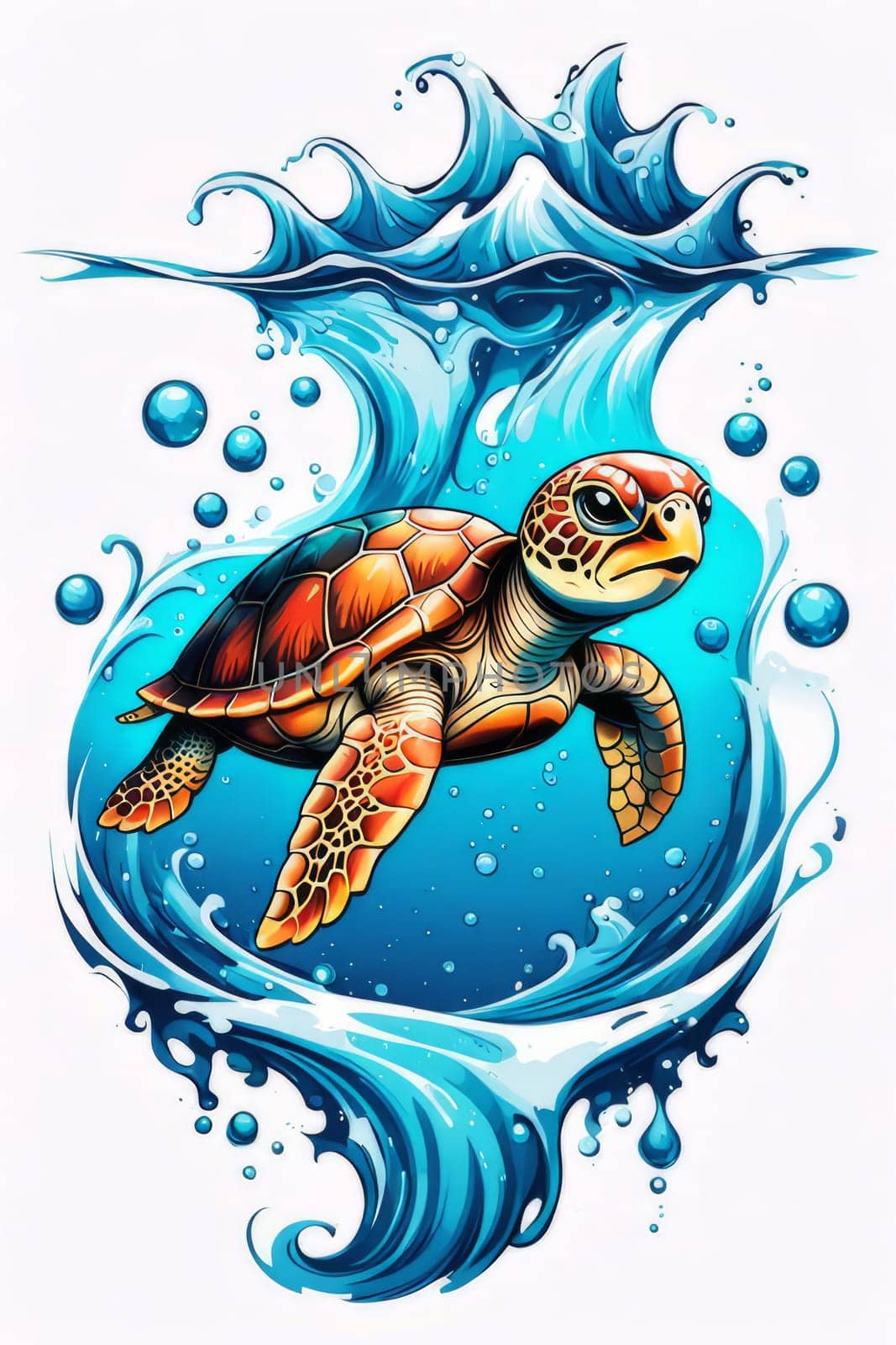 Majestic sea turtle gracefully gliding through crystal-clear waters of ocean. For educational materials for kids, game design, animated movies, tourism, stationery, Tshirt design, clothing design