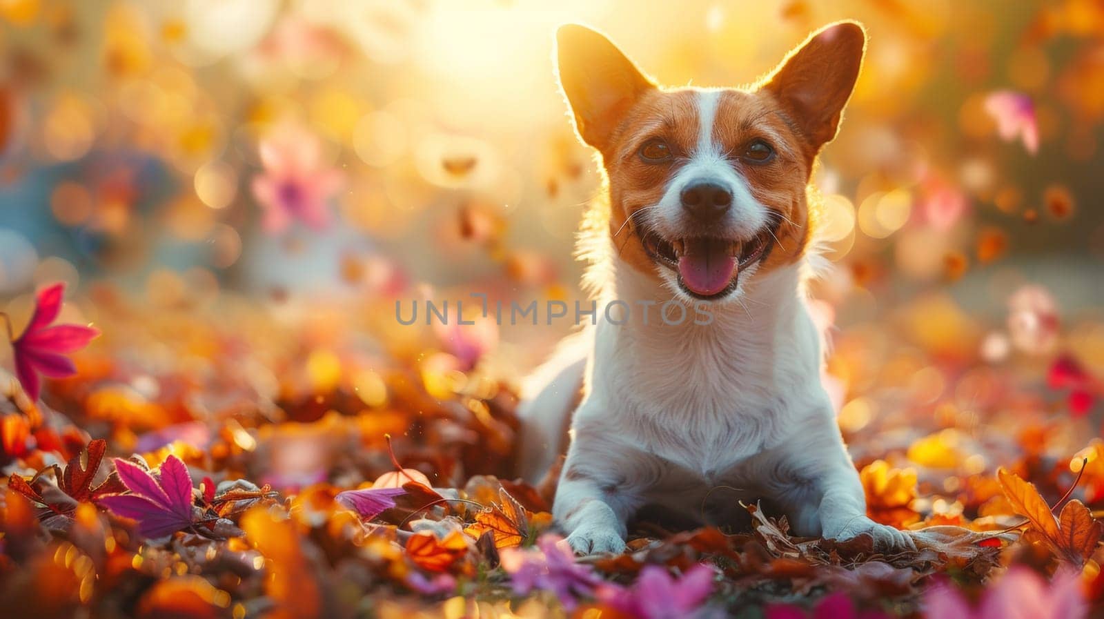 A dog laying on the ground surrounded by colorful leaves