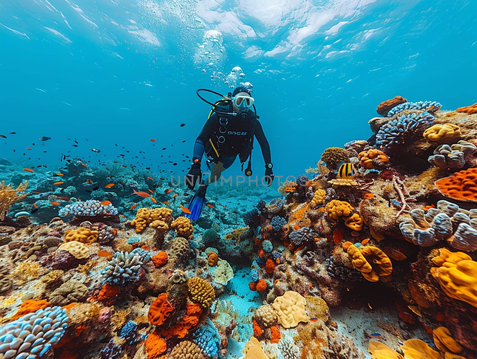 Scuba diver exploring a coral reef, showcasing underwater adventure and discovery.