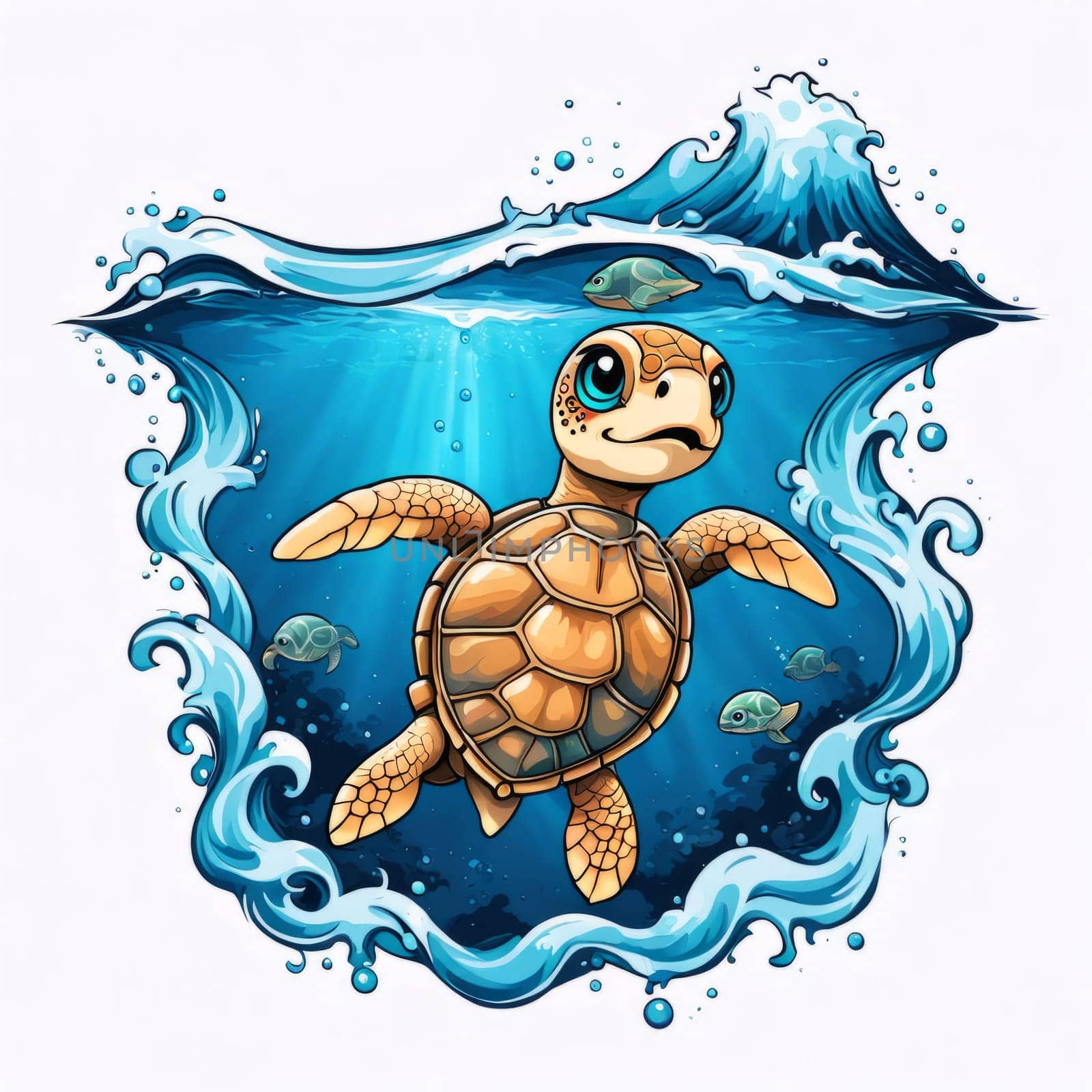 Turtle riding wave on white background. For Tshirt design, posters, postcards, other merchandise with marine theme, childrens books, educational materials for kids, tourism, stationery. by Angelsmoon